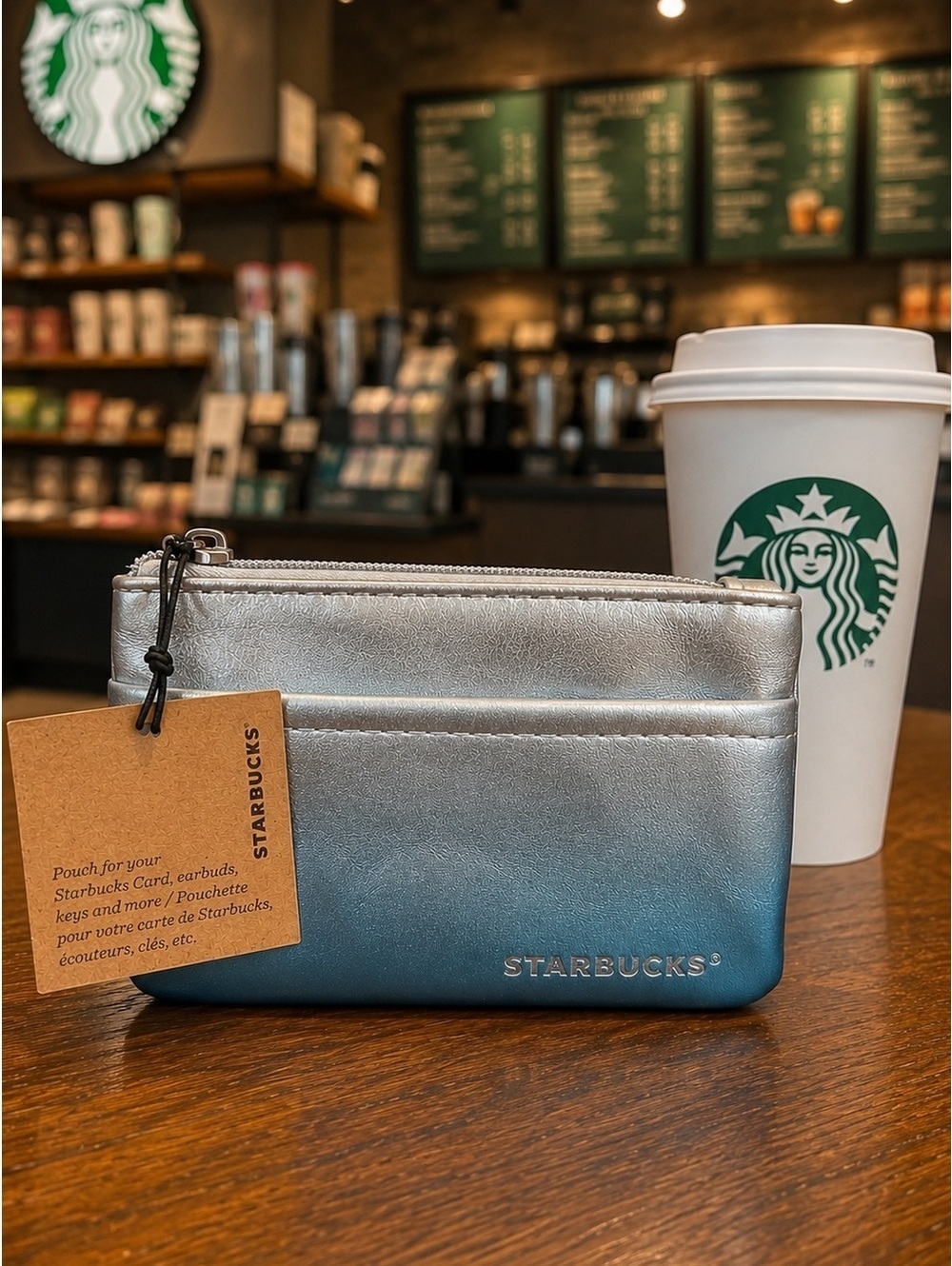 NWT Starbucks Silver Blue Card Holder Coin Pouch Wallet